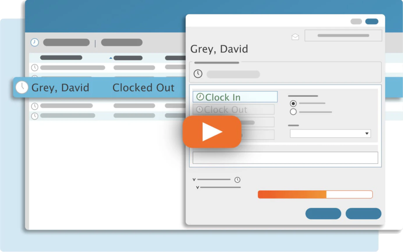 TimeClick time clock screen with a play button for the demo video