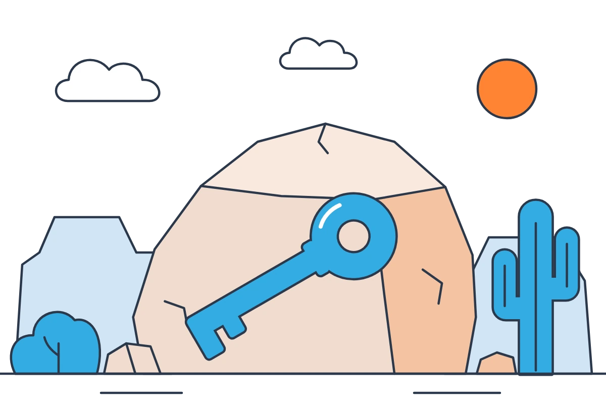 A boulder with a blue key set in it, with mesas and a cactus