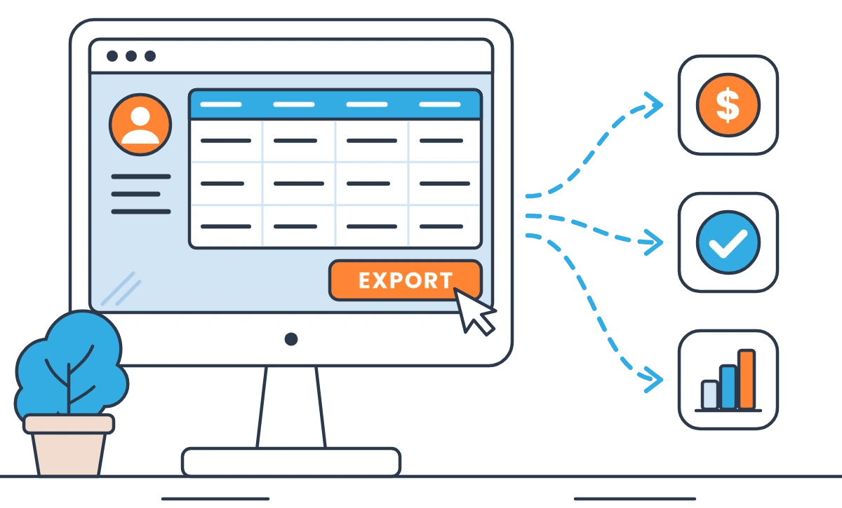 A computer with a timesheet and an export button, with arrows to three payroll apps