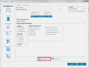 Window that allows users to run and save reports