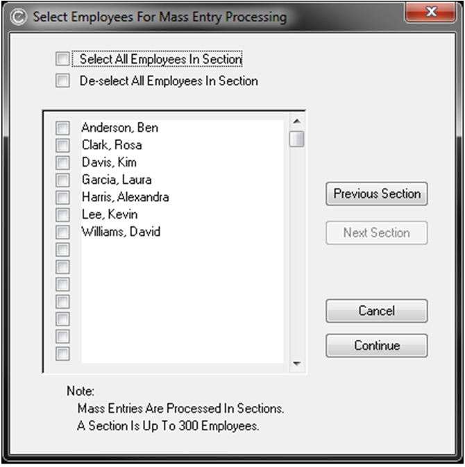 List of Employees for Mass Entries
