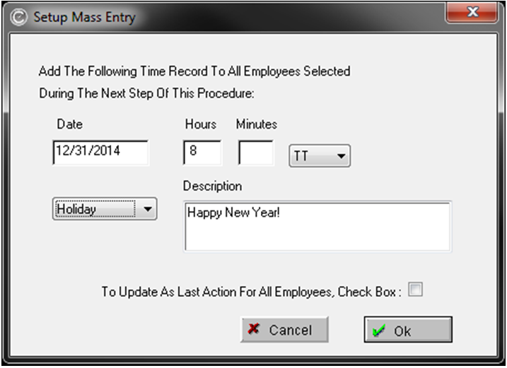 Entering Time Data for Mass Entry