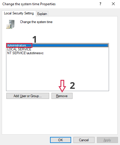 TimeClick - Computer Time - Change the system time Properties - Local Security Setting - Administrators - Remove