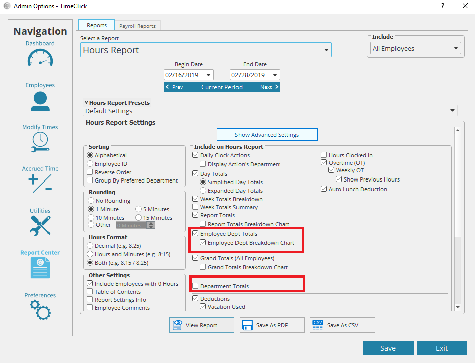 TimeClick Employee Department Time Tracking Advanced Settings