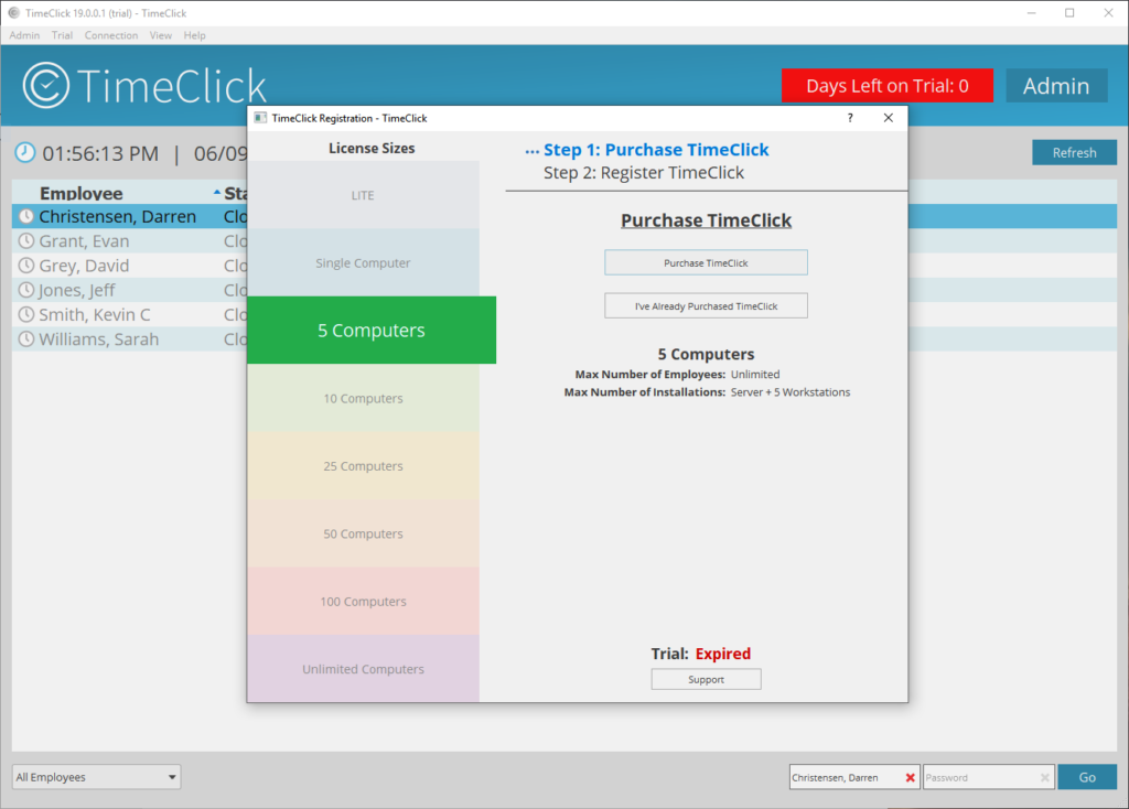 TimeClick Registration Menu