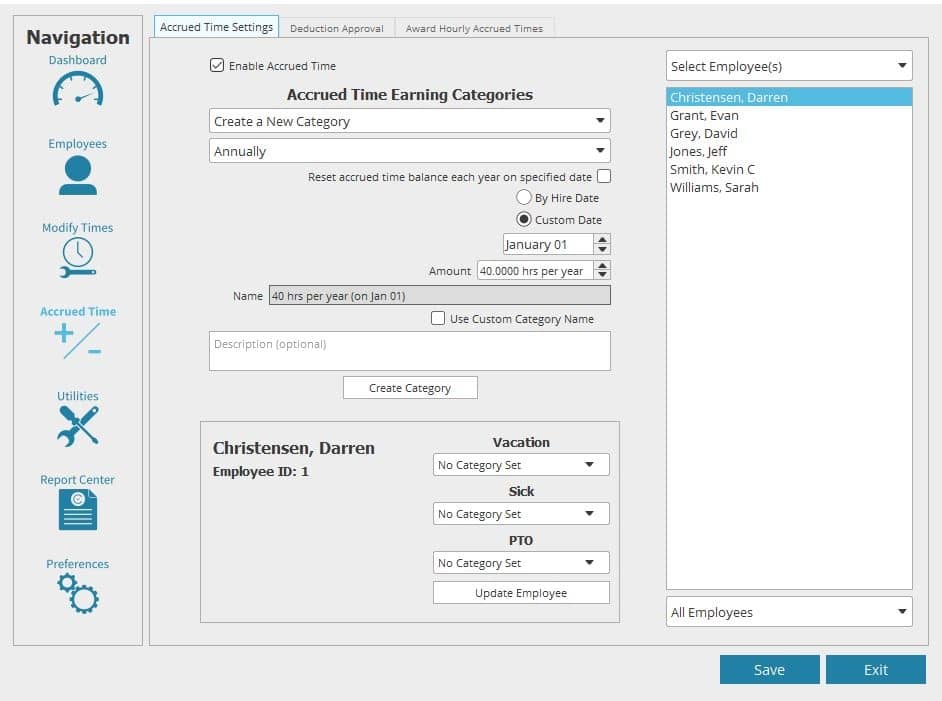 Example of Accrued time settings in light theme