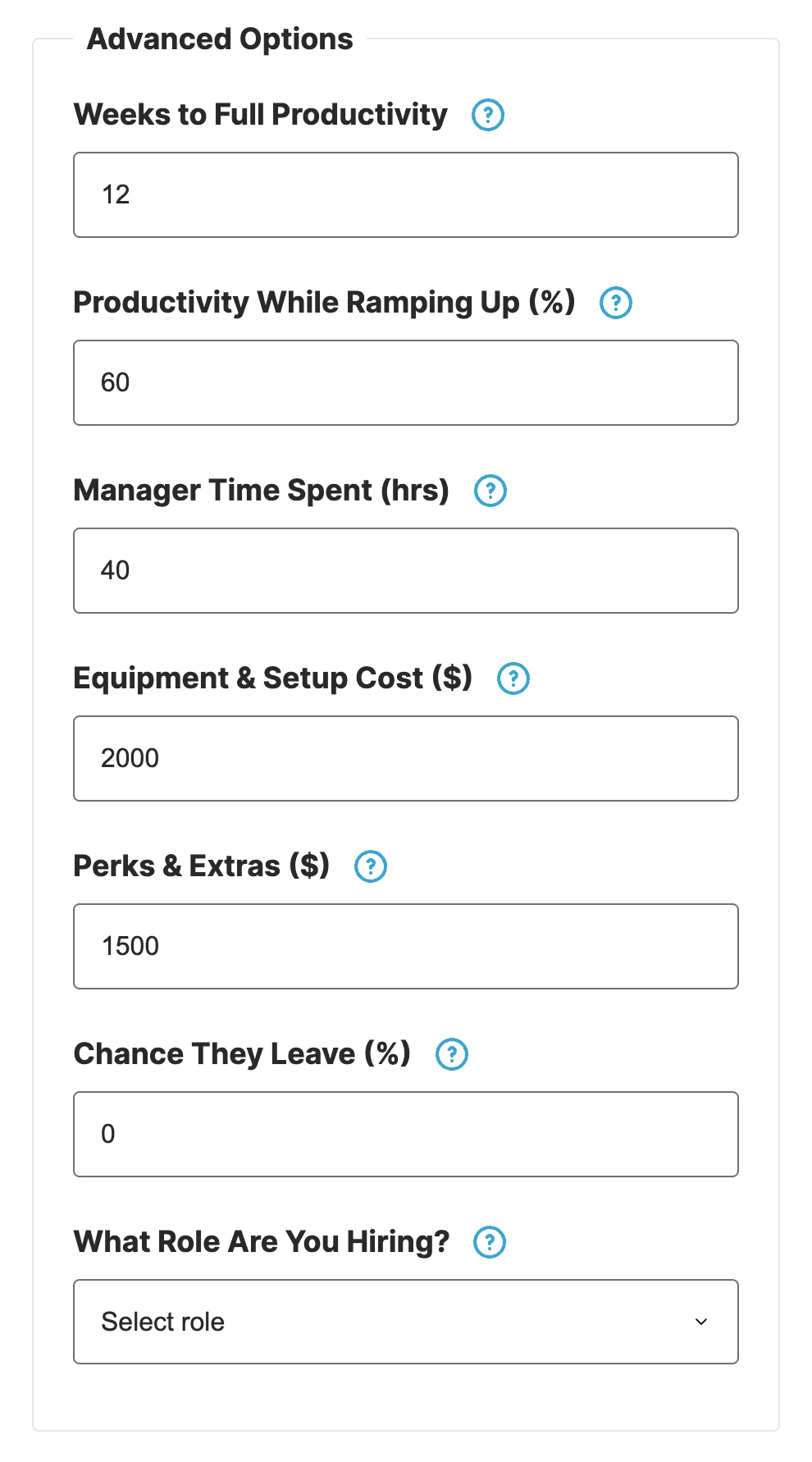 Advanced input fields for employee cost calculator including ramp-up time, manager time, equipment cost, and attrition risk.