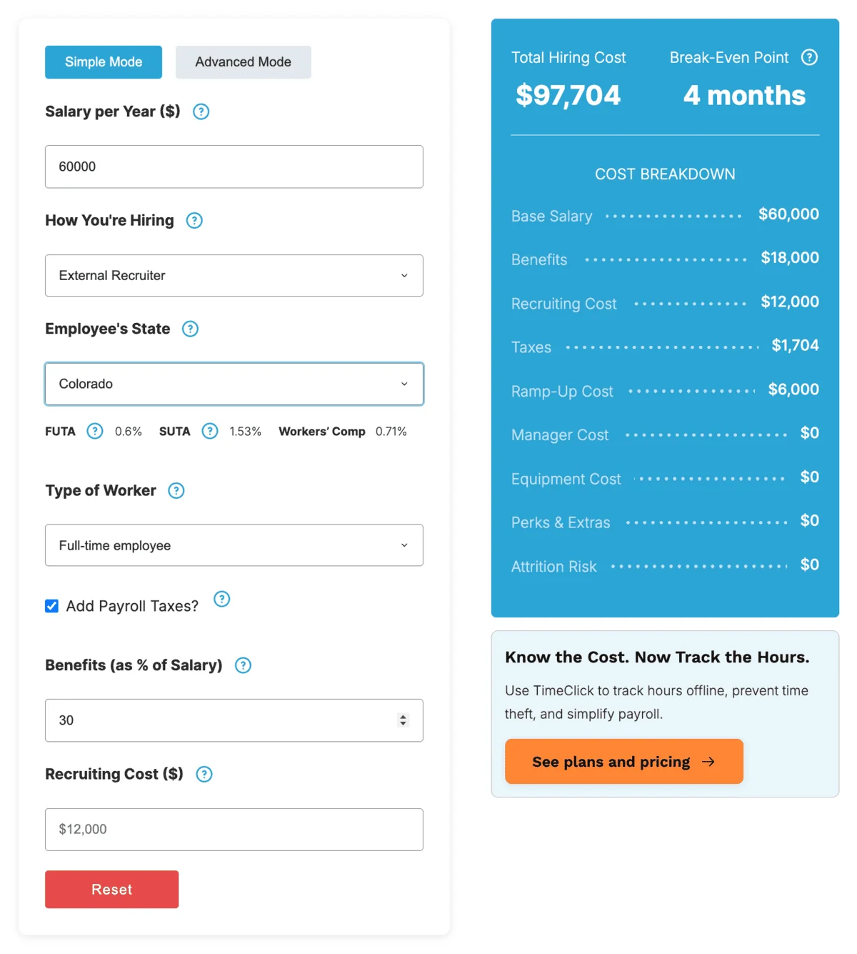 Cost of Hiring Calculator Breakdown – Salary, Taxes & Benefits Employee cost calculator showing salary, payroll taxes, benefits, and total hiring cost breakdown.