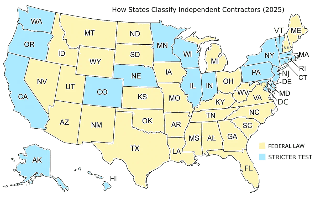 Map of the United States highlighting states that use the ABC test for worker classification in 2025