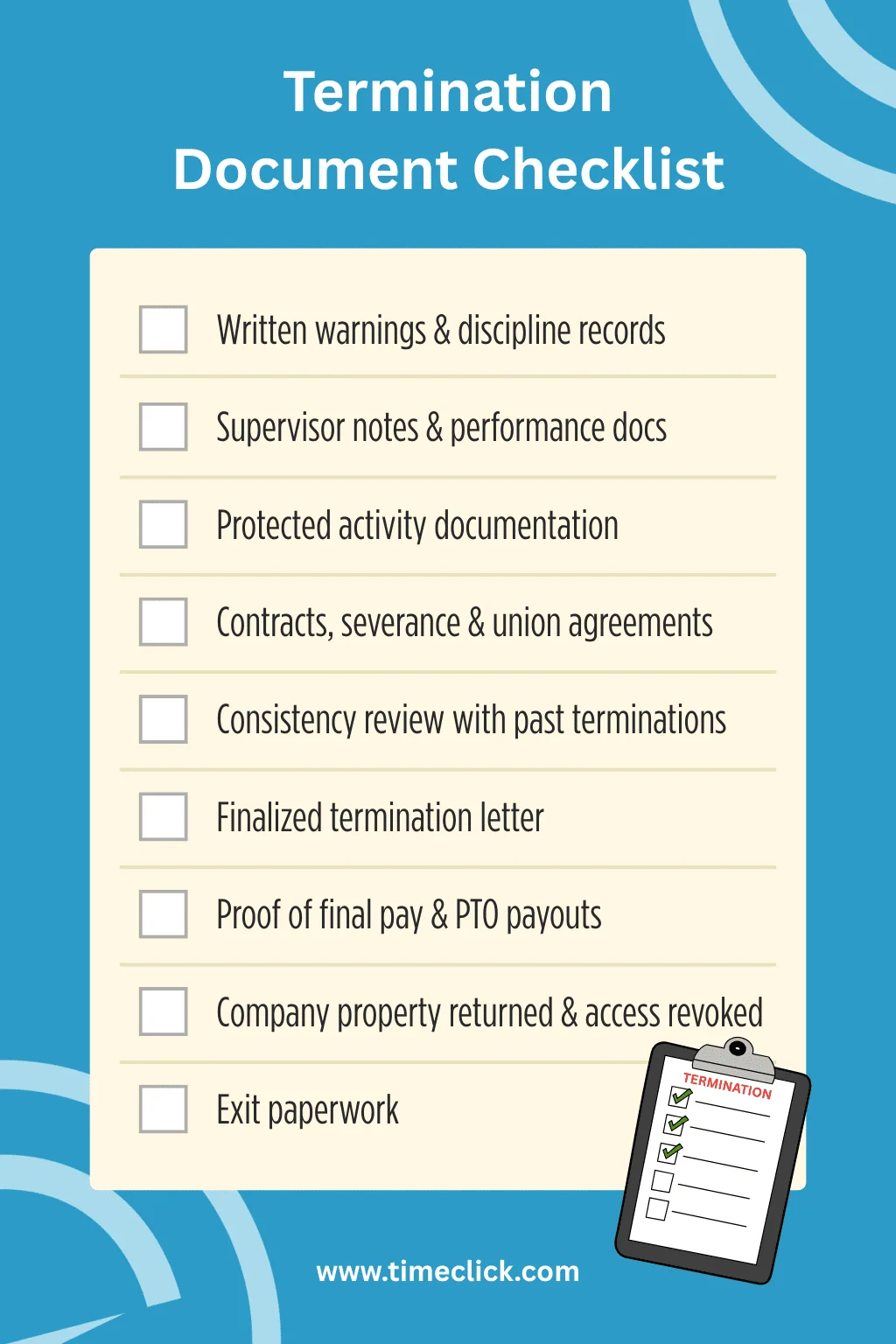 Termination Documentation Checklist - TimeClick Termination documentation checklist for employers listing required termination records, contracts, payments, and exit paperwork