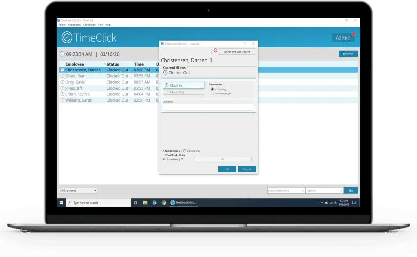 TimeClick Time Clock Software – Employee Clock In/Out Interface Laptop screen displaying TimeClick time clock software with a pop-up window for employee clock-in and department selection, showing a list of clocked-out employees and their timestamps.