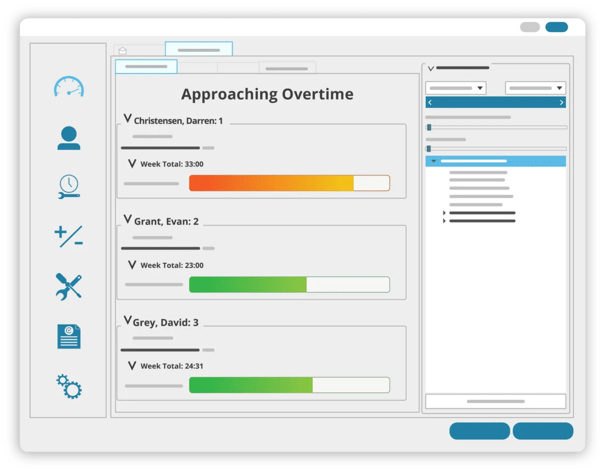 Employee Time Sheet Overtime Report – Time Clock Software Interface Screenshot of TimeClick time clock software showing employee work hours with color-coded progress bars for overtime tracking and user interface icons for navigation and settings.