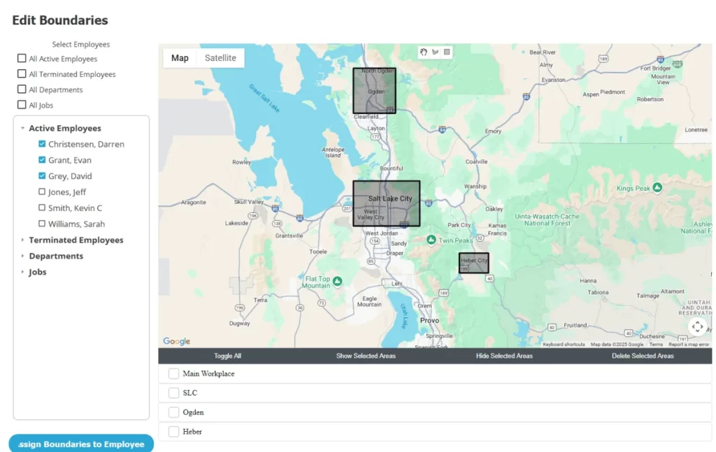 Map view in TimeClick time clock software showing geo-fencing boundaries set for employees in Salt Lake City, Ogden, and Heber.