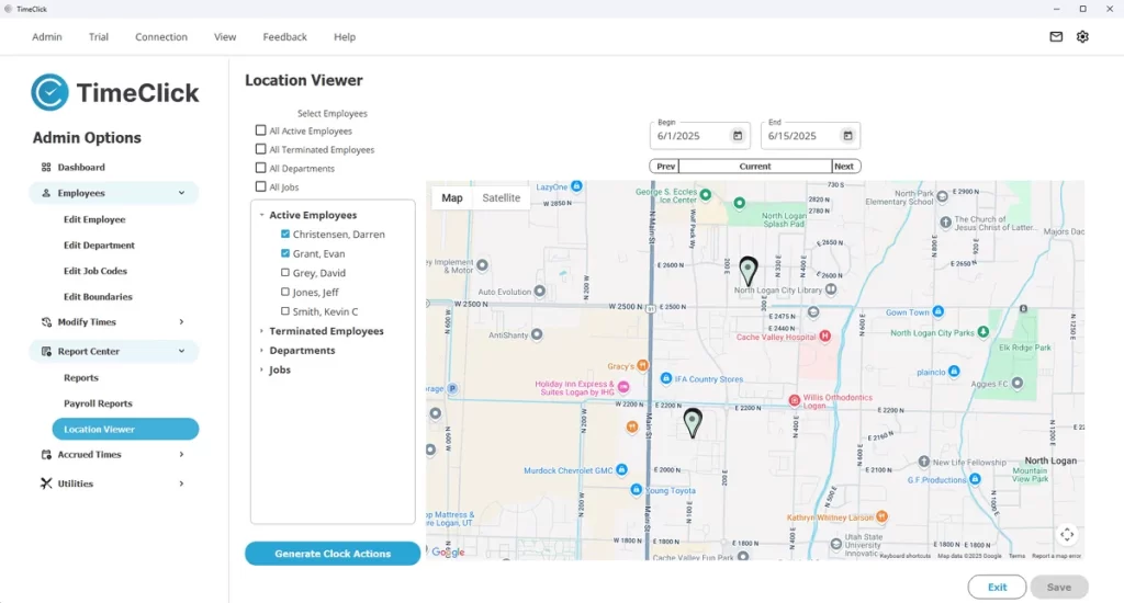Screenshot of TimeClick Location Viewer showing employee clock-in locations on a map with selected active employees and date range filtering