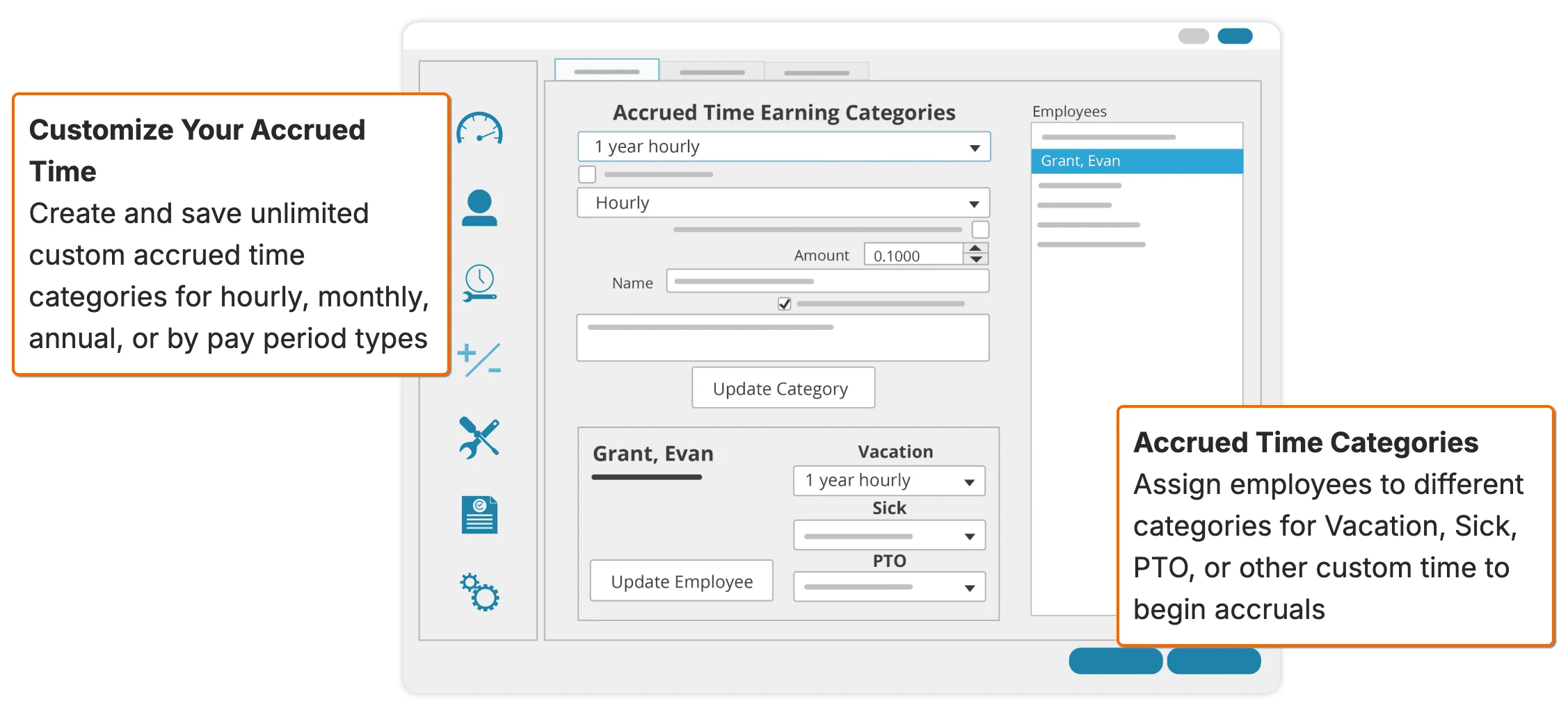 TimeClick screenshot showing how to create and assign custom accrued time categories like Vacation, Sick, and PTO