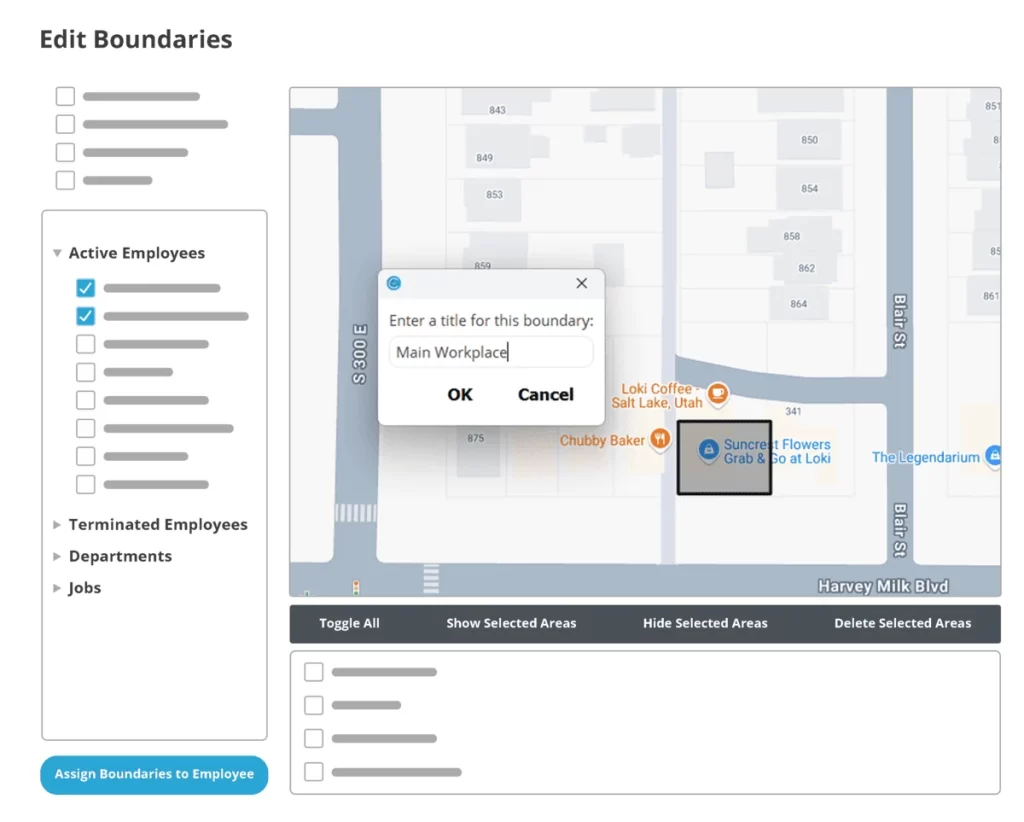 Time clock software geofence setup screen showing employee boundary assignment on a digital map with location pins.