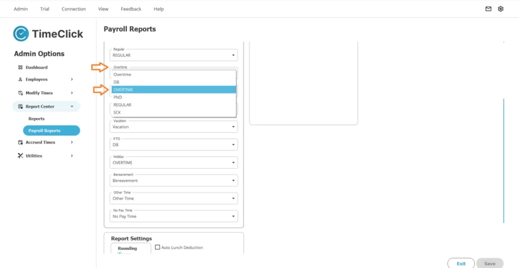 TimeClick interface showing Overtime hour type mapped to OVERTIME QuickBooks payroll code