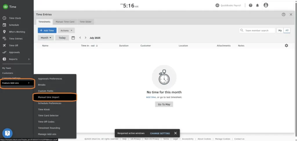 Navigating to Manual Time Import in QuickBooks Time under Feature Add-ons