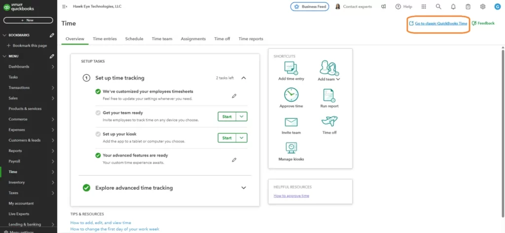 Go to Classic QuickBooks Time button shown in Time Overview screen