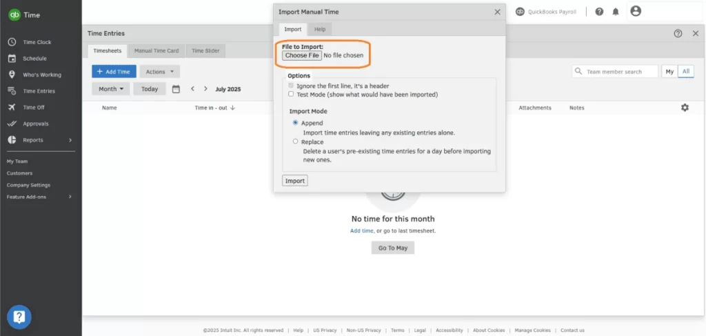 Importing TimeClick report into QuickBooks Time using the Manual Time Import screen
