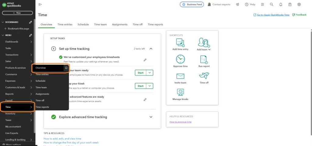 How to reach the Overview tab in QuickBooks Time from the left navigation