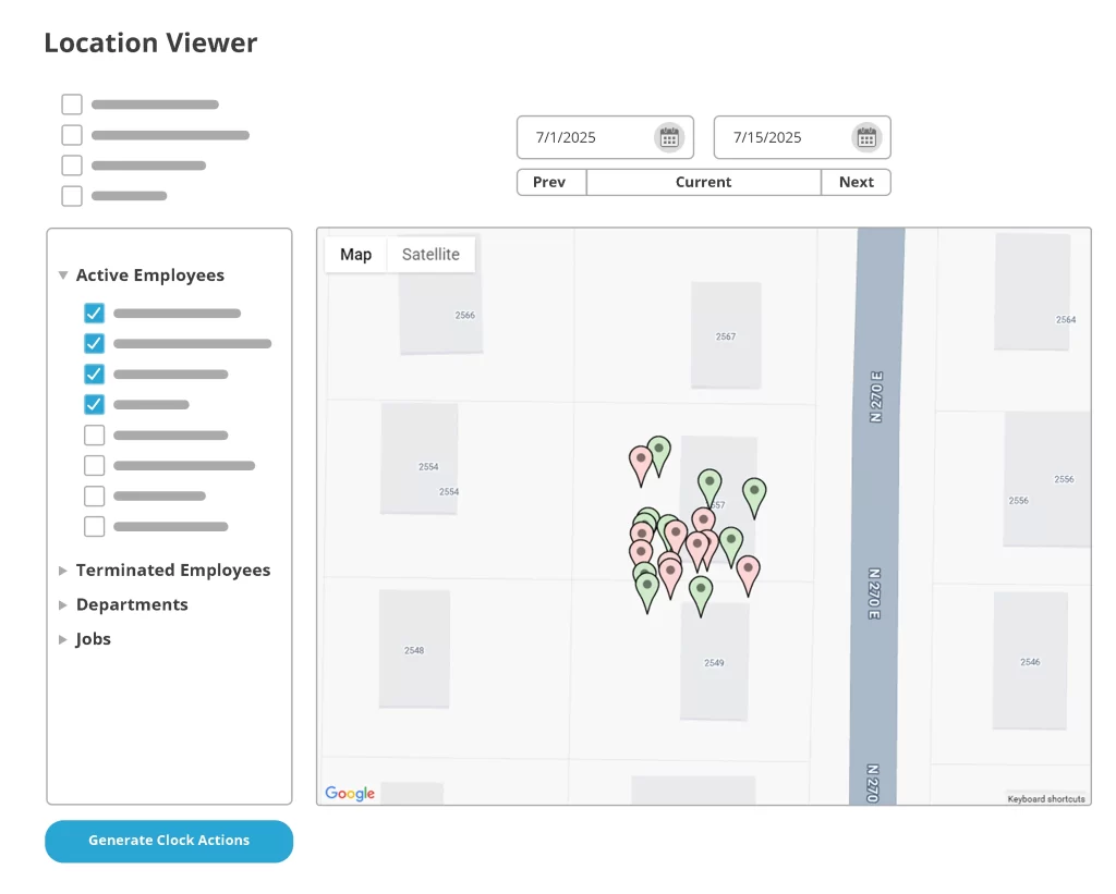 TimeClick time clock software showing geolocation pins for employee clock-ins on a digital map with active employee filters.