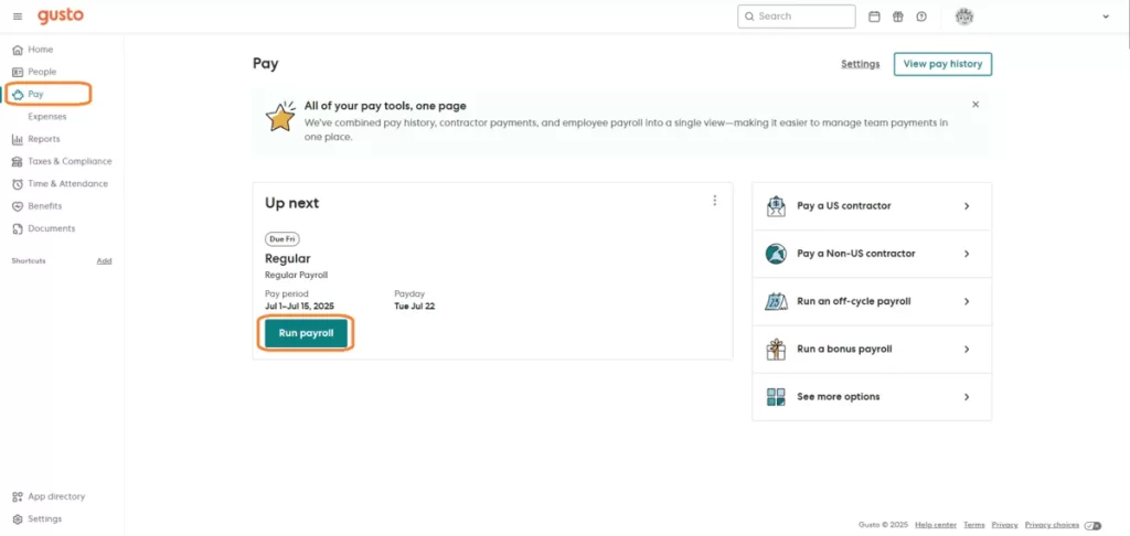 Gusto payroll dashboard with 'Run payroll' button highlighted for July 2025