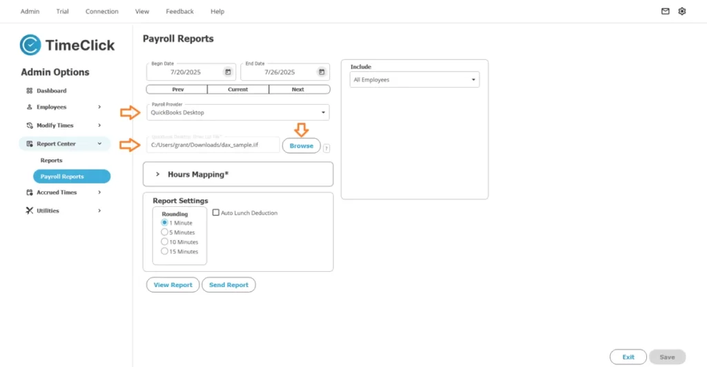 TimeClick payroll report settings screen showing QuickBooks Desktop selection, employee list upload field, and date range options