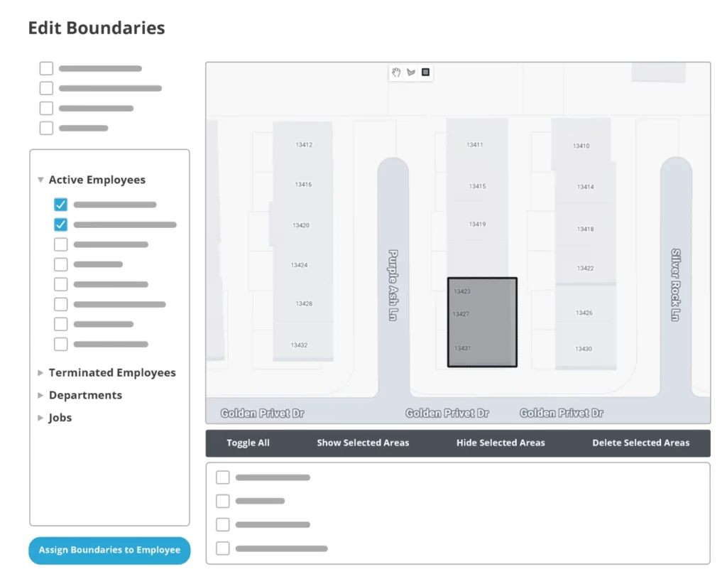 TimeClick time clock software showing geofencing setup with a selected boundary area assigned to active employees on a digital map.