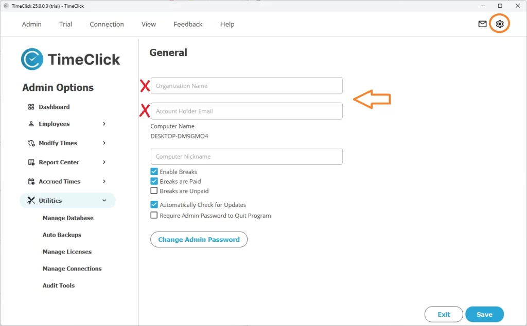 Screenshot of Account Details on TimeClick employee time clock software, which are local only.