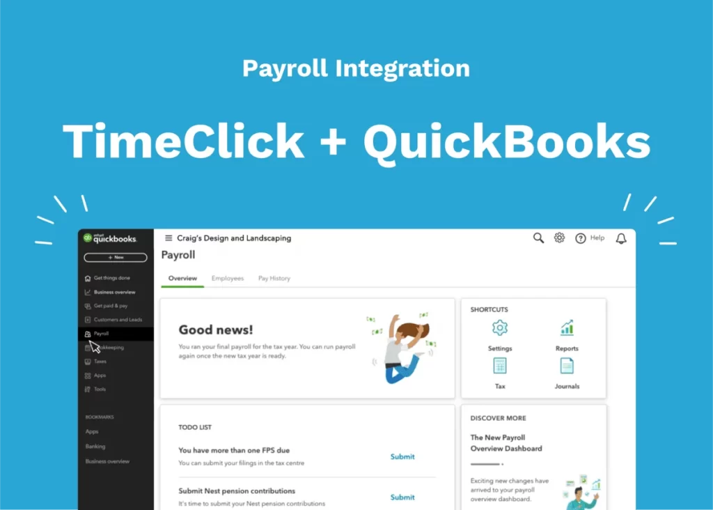 TimeClick and QuickBooks integration screen showing payroll report export setup