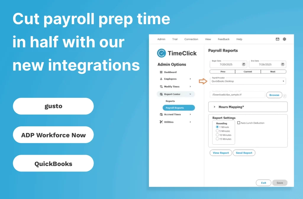Screenshot of TimeClick’s Payroll Reports dashboard showing new integrations with QuickBooks, Gusto, and ADP Workforce to streamline payroll processing.