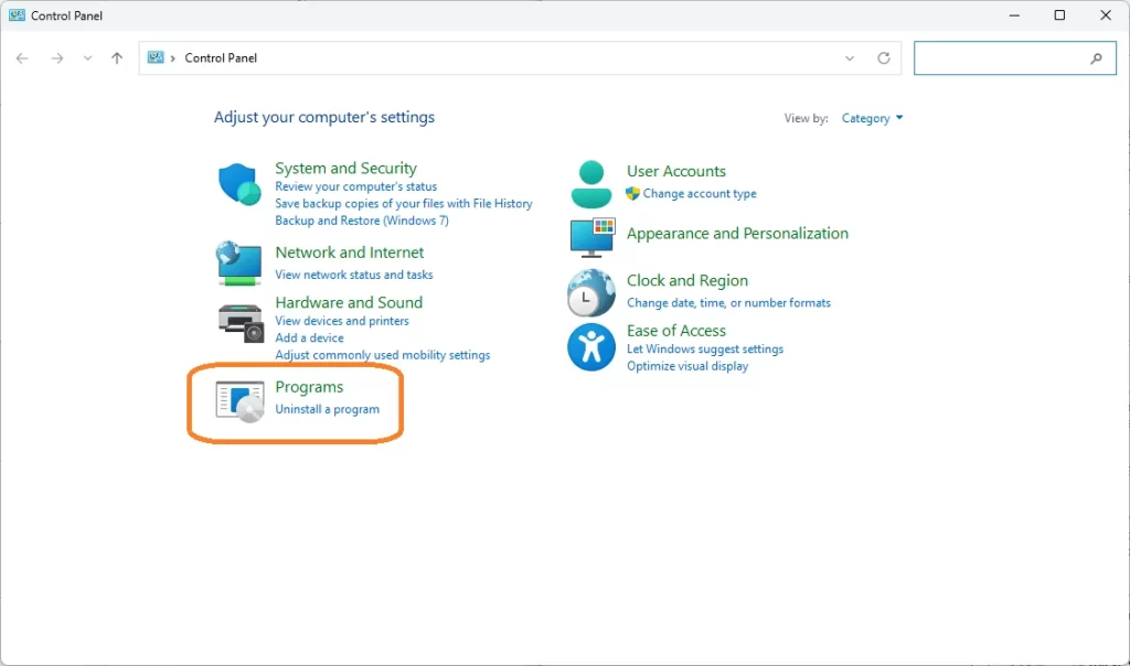 Screenshot showing where to uninstall programs on the control panel on PC