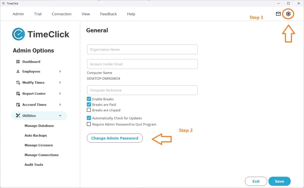 Time clock software settings showing Change Admin Password button