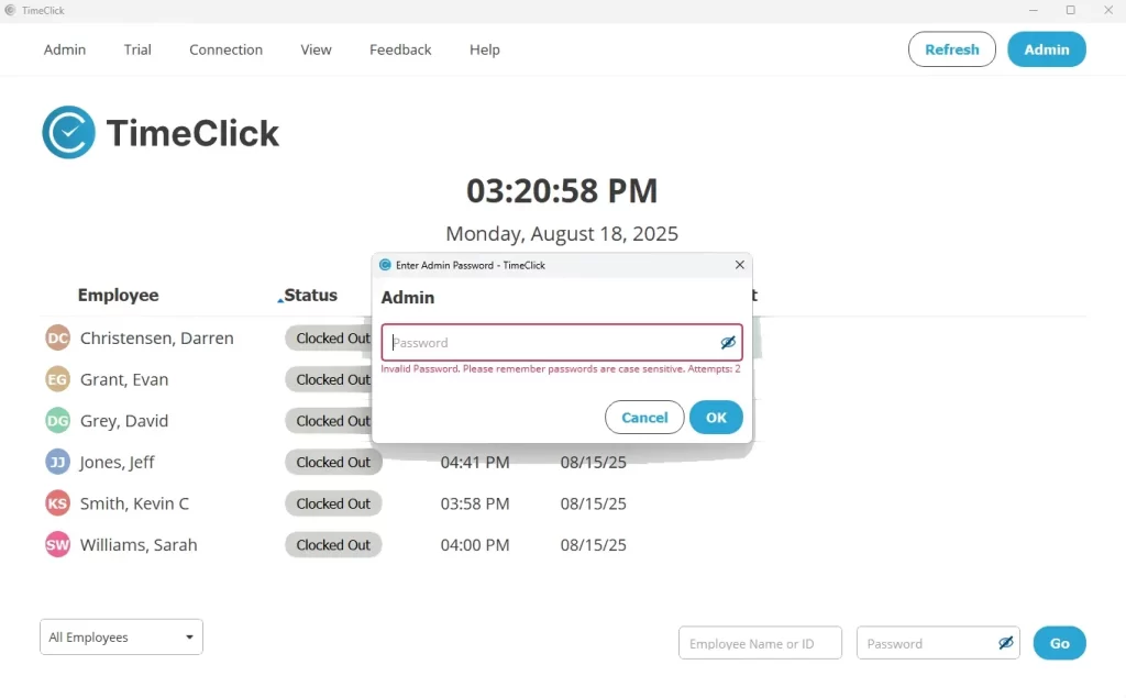 Admin login prompt from main screen on TimeClick time clock software
