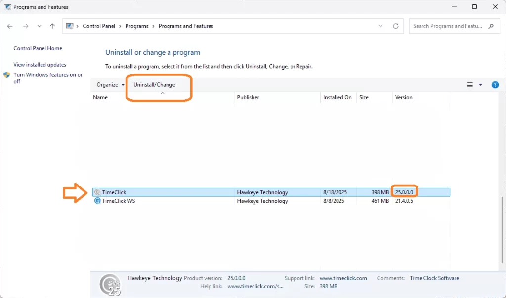 Screenshot showing how to uninstall TimeClick employee time clock software on PC.