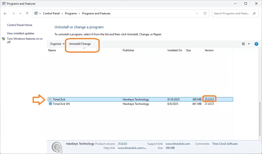 Programs and Features window selecting TimeClick time tracking software version 25.0.0.0 for uninstall