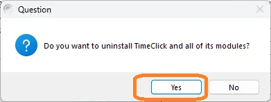 Uninstall prompt asking to delete the time tracking software database with No selected