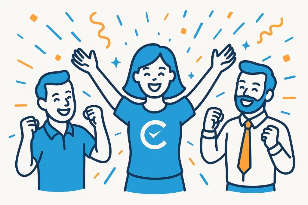 Three happy employees celebrating a successful TimeClick 25 upgrade with smooth installation and new time tracking features.