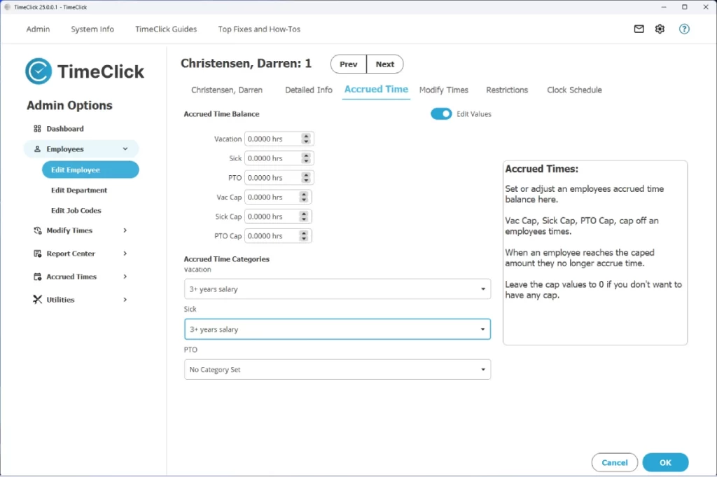 Screenshot showing the accrued time tab of the edit employee module in TimeClick time tracking software.