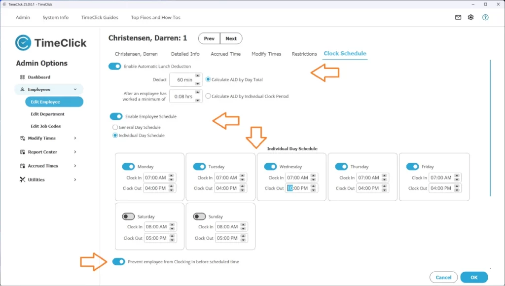 Screenshot showing how to use the clock schedule tab in TimeClick employee time tracking software.