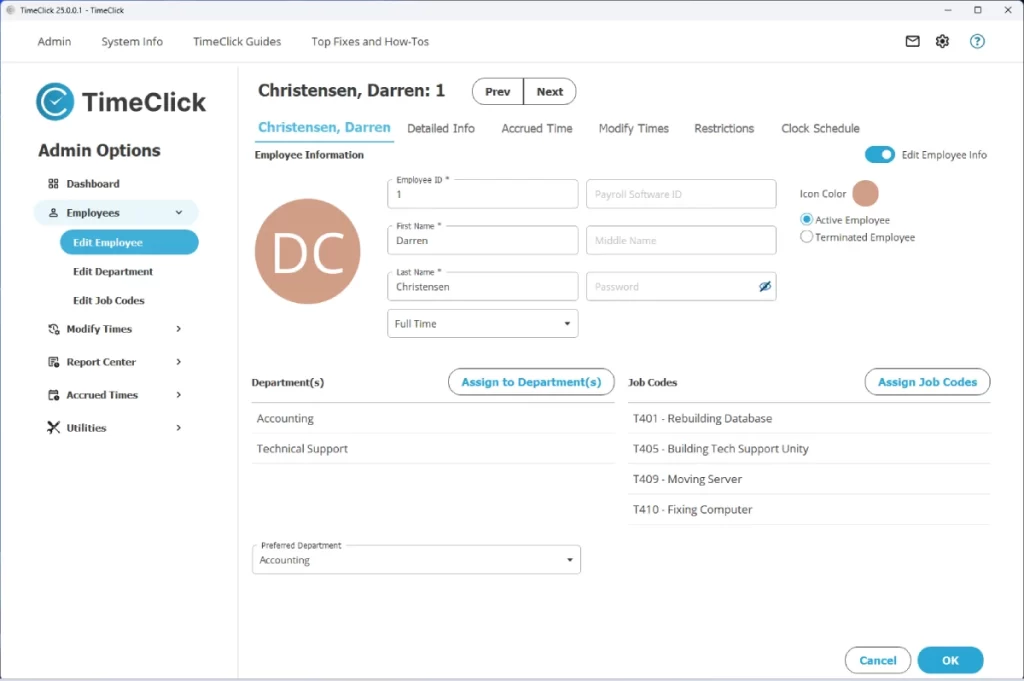 Screenshot displaying the main information tab in TimeClick's time clock software.