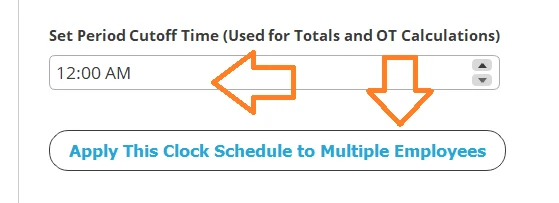 Screenshot showing how to set midnight shifts in TimeClick's time tracking software.