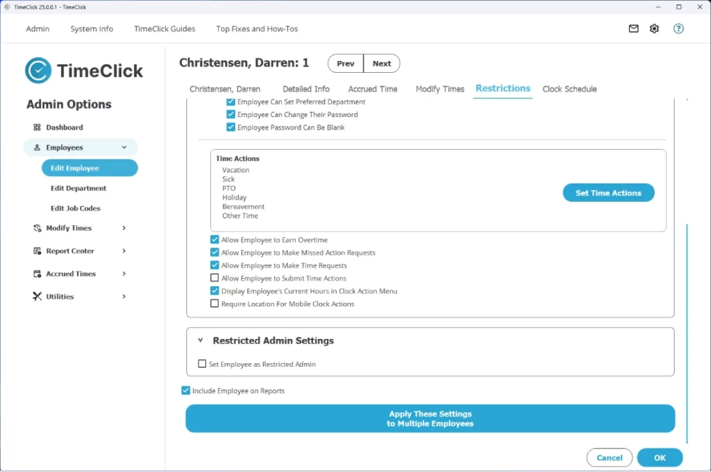 Screenshot showing how to use the restrictions tab our employee time clock software.