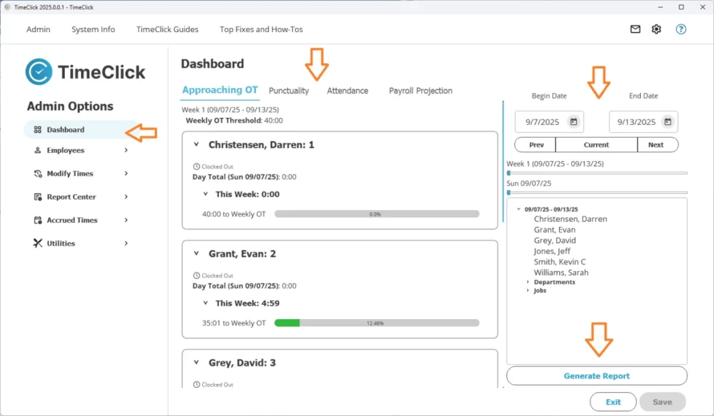Screenshot showing how to configure overtime reports in TimeClick employee time tracking software.