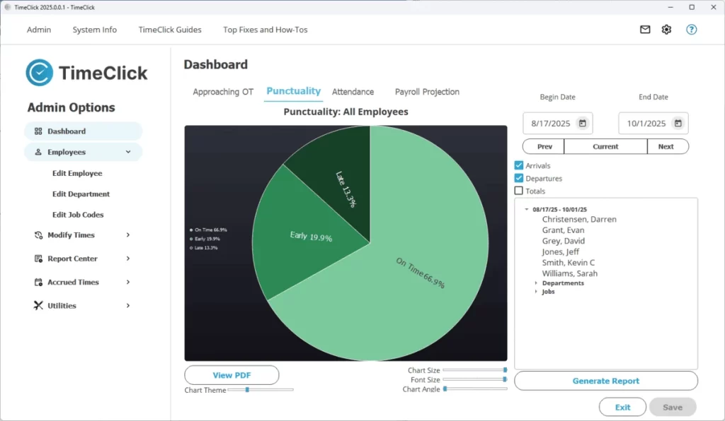 Screenshot showing how to create punctuality reports in our employee time tracking software.
