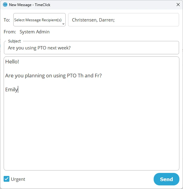 Here's an example of how to write messages in TimeClick time tracking software.