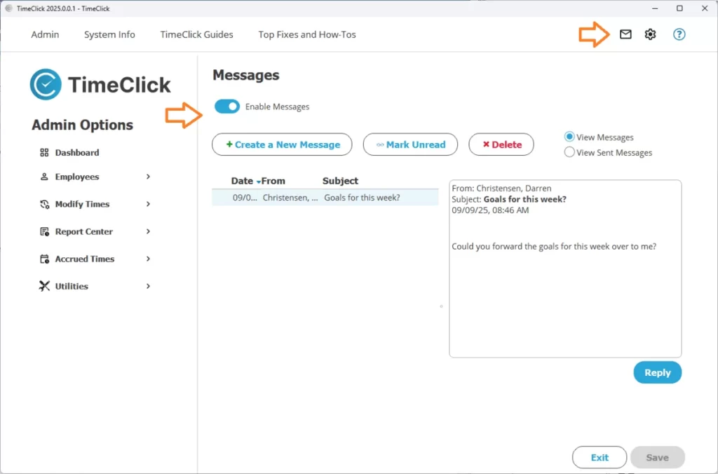 Screenshot showing how to use main messages dashboard in TimeClick employee time clock software.