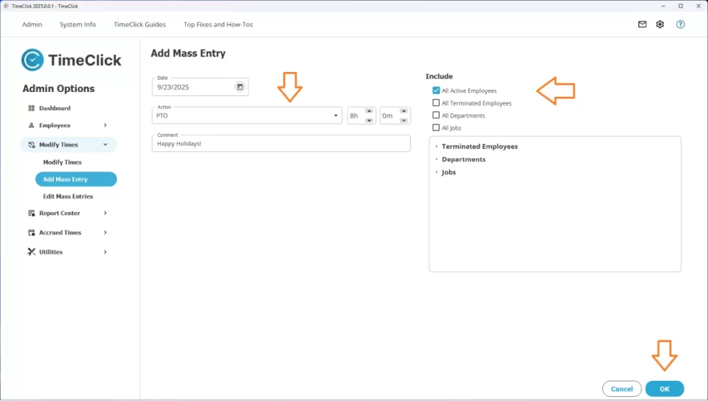 Screenshot showing how to create mass entries in TimeClick's time tracking software.