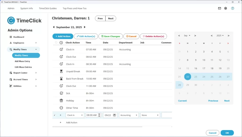 Screenshot showing how to create multiple entries on the TimeClick employee time clock software.